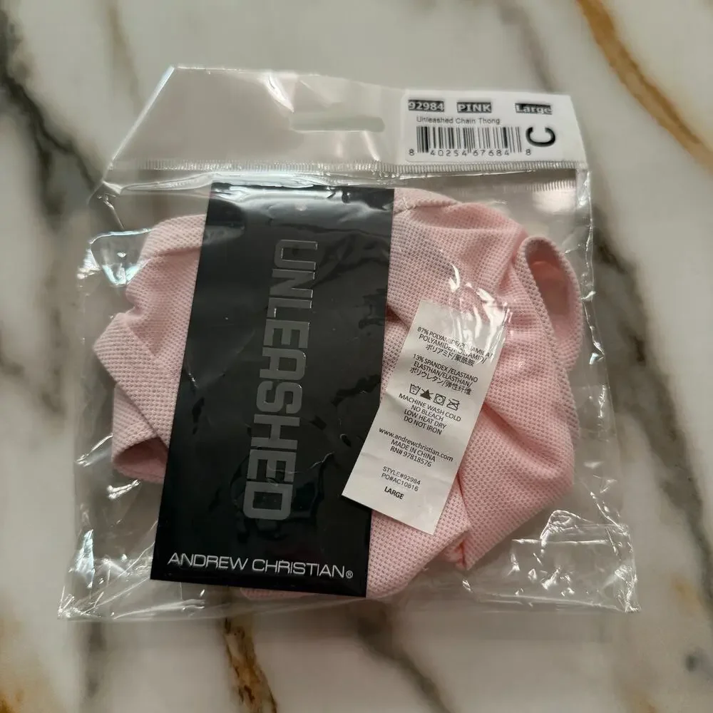 NEW Andrew Christian Unleashed Chain Swim Thong G-String Color Light Pink Size L
